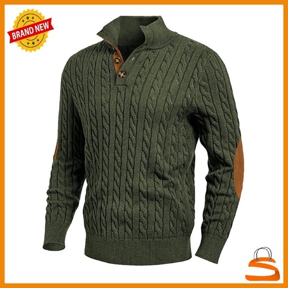 Men's Cable Knit Pullover Sweater Stand Collar Button Long Sleeve